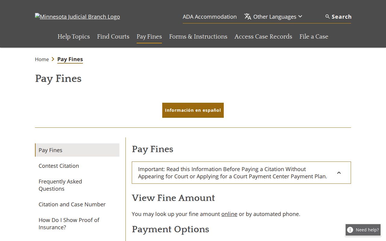 Rock County traffic warrant search research showing the court payment center page