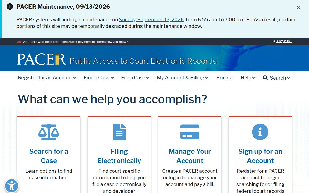 Rock County arrest warrant search research showing the federal PACER docket access page