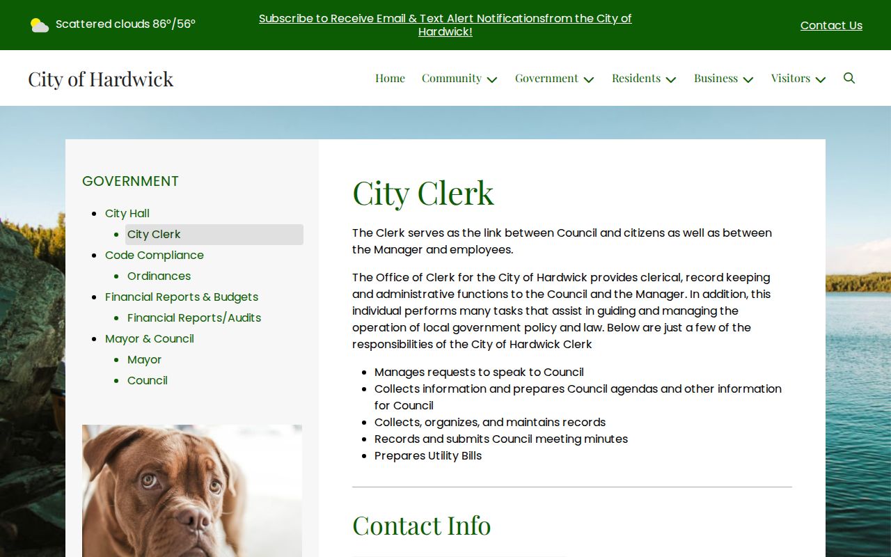Hardwick warrant search research showing the city clerk duties and office contact page